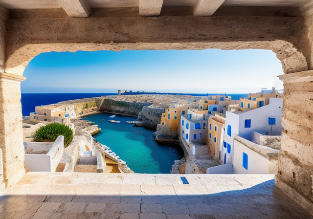 A view of the whitewashed houses and the sea in Polignano a Mare