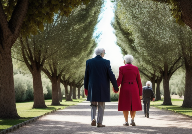 An elderly Italian couple holding hands while walking in a park
