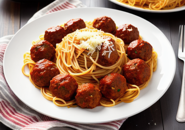 A plate of spaghetti and meatballs served with garlic bread